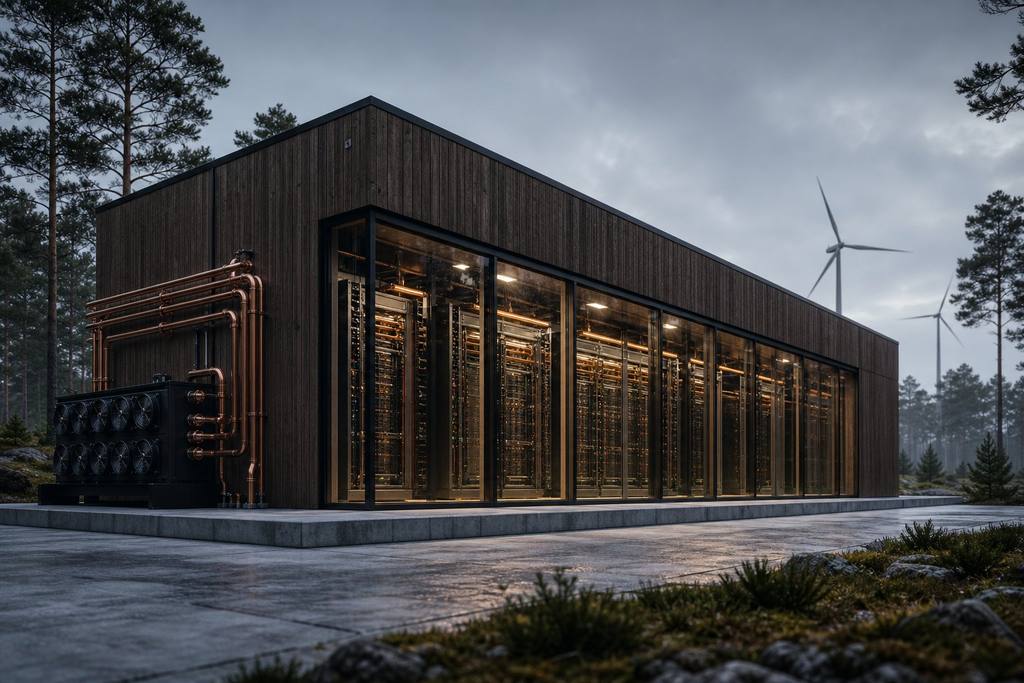 Visualization of timber-and-glass data halls in a Nordic forest clearing. Siting study, not the product SKU. Visualization, not a photograph of an operating site.