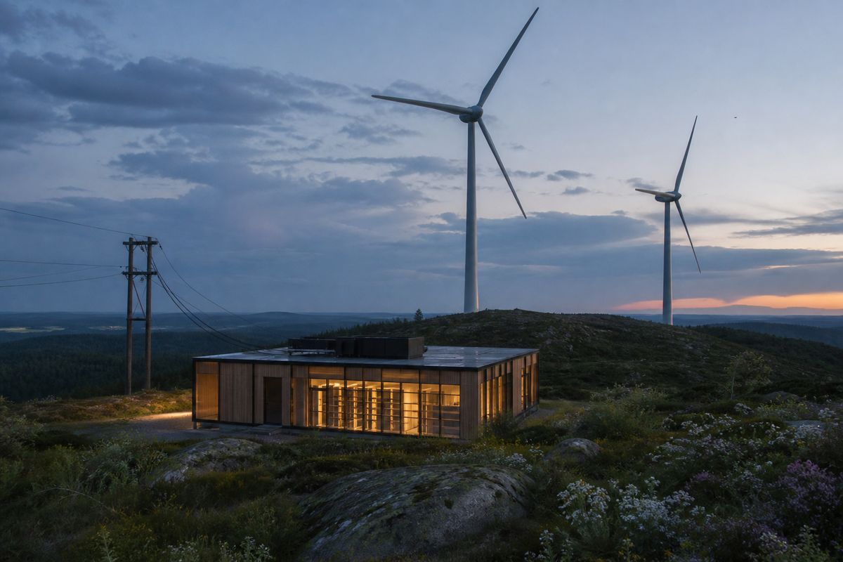 Visualization of a timber-and-glass hall at the foot of wind turbines in a Nordic clearing. Siting visualization, not the product SKU. Not a photograph of an operating site.