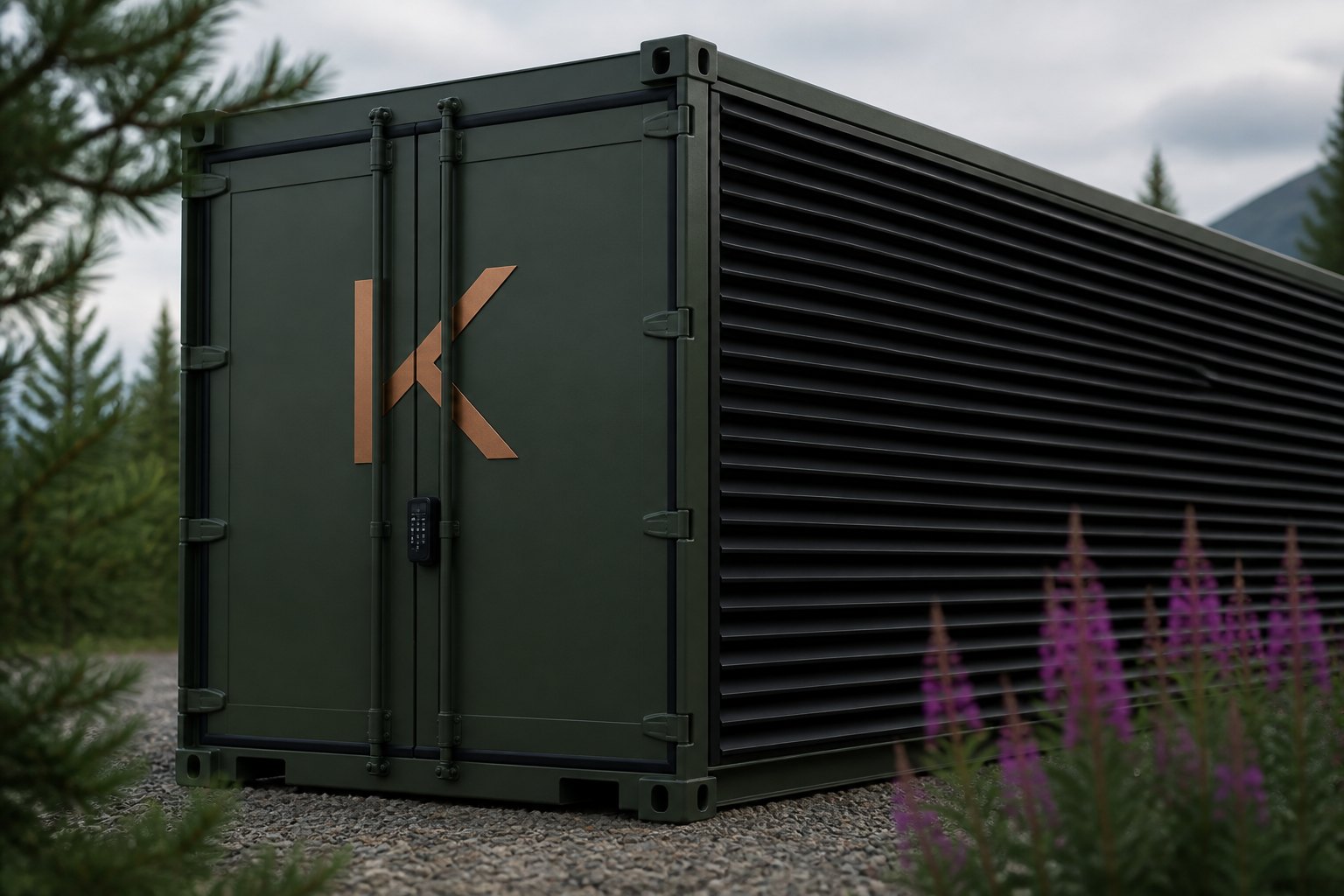 Visualization of a Kelvin Flexbox close-up: forest-green double doors with a copper K and keypad, and a bank of horizontal louvers. Not a photograph of an operating unit.