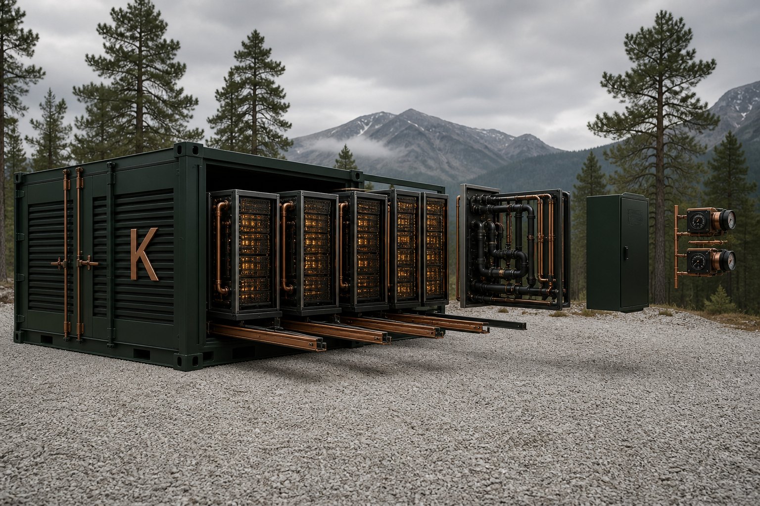 Visualization of a Kelvin Flexbox exploded: 4 racks and cooling pulled from a forest-green 40 ft ISO. Not a photograph of an operating site.
