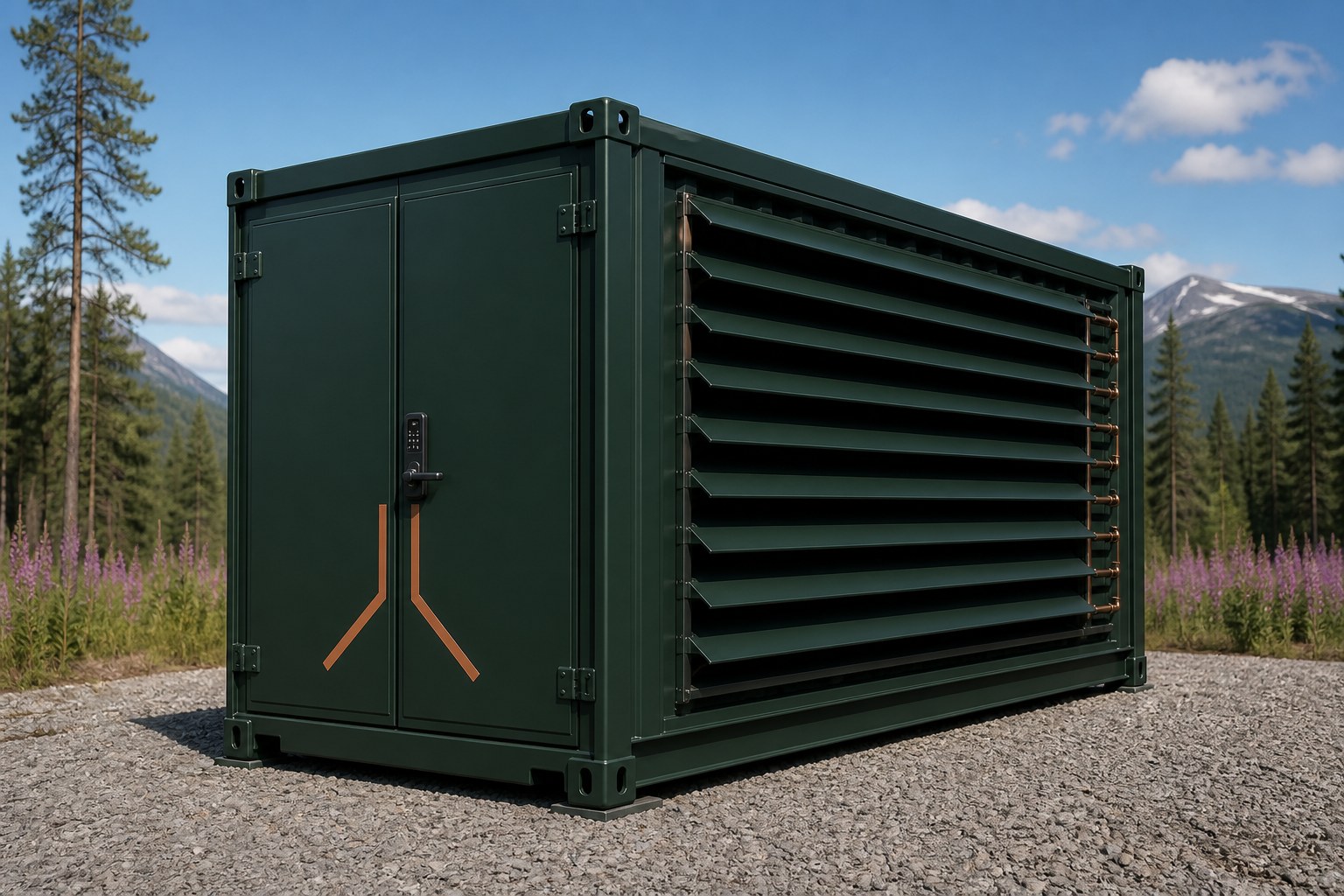 Visualization of a Kelvin Flexbox: a forest-green 40 ft ISO container with a copper K on the double doors, horizontal louvers and a keypad, on gravel among pines. Not a photograph of an operating site.