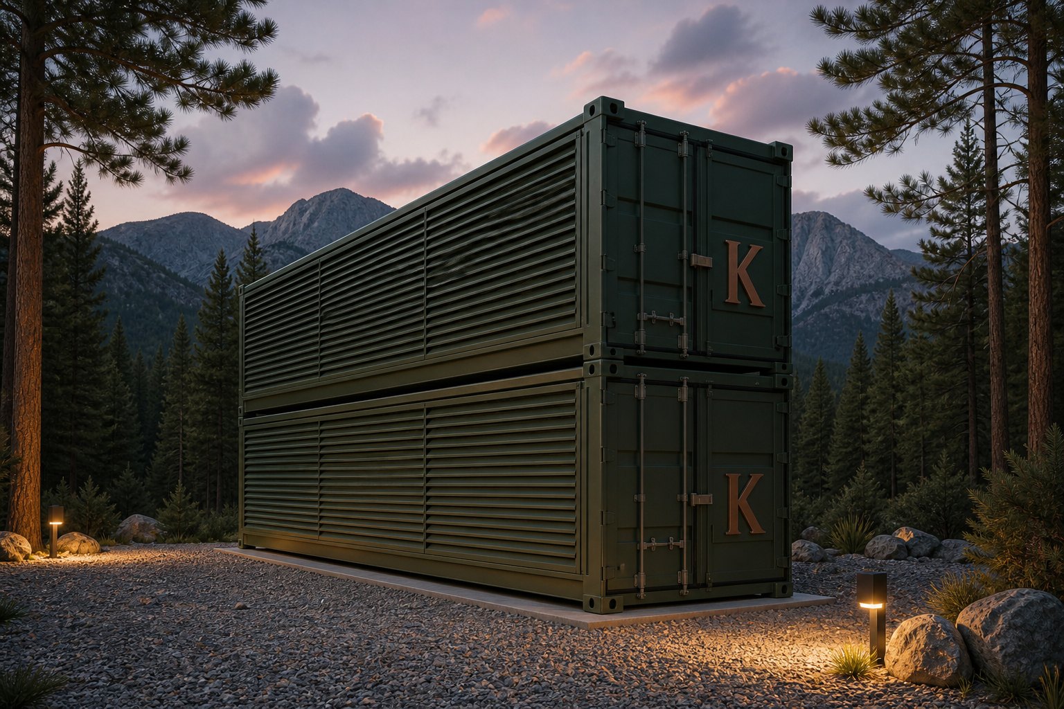 Visualization of two Kelvin Flexbox units stacked at dusk. Not a photograph of an operating site.