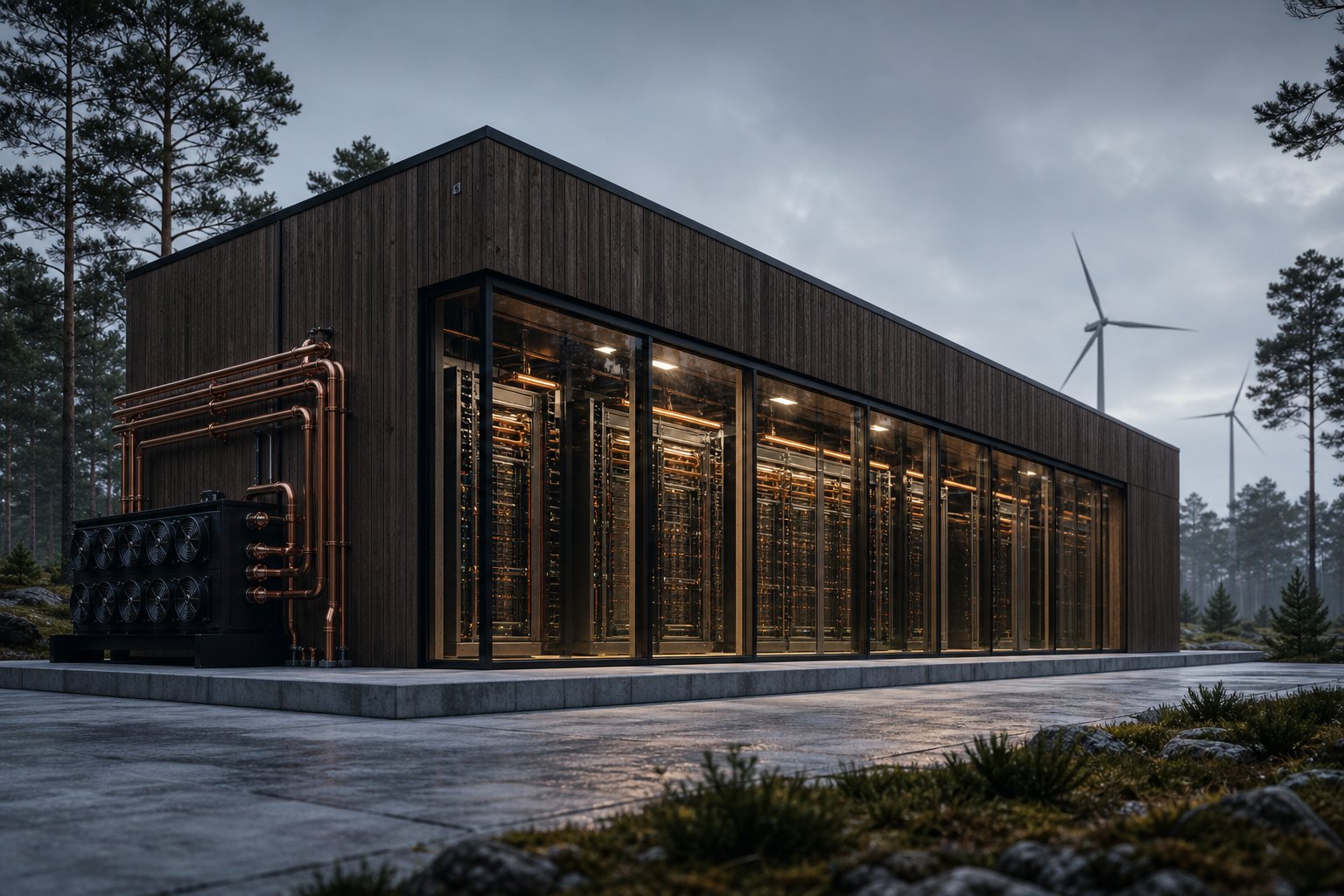 Visualization of timber-and-glass data halls in a Nordic forest clearing. Siting study, not the product SKU. Not a photograph of an operating site.
