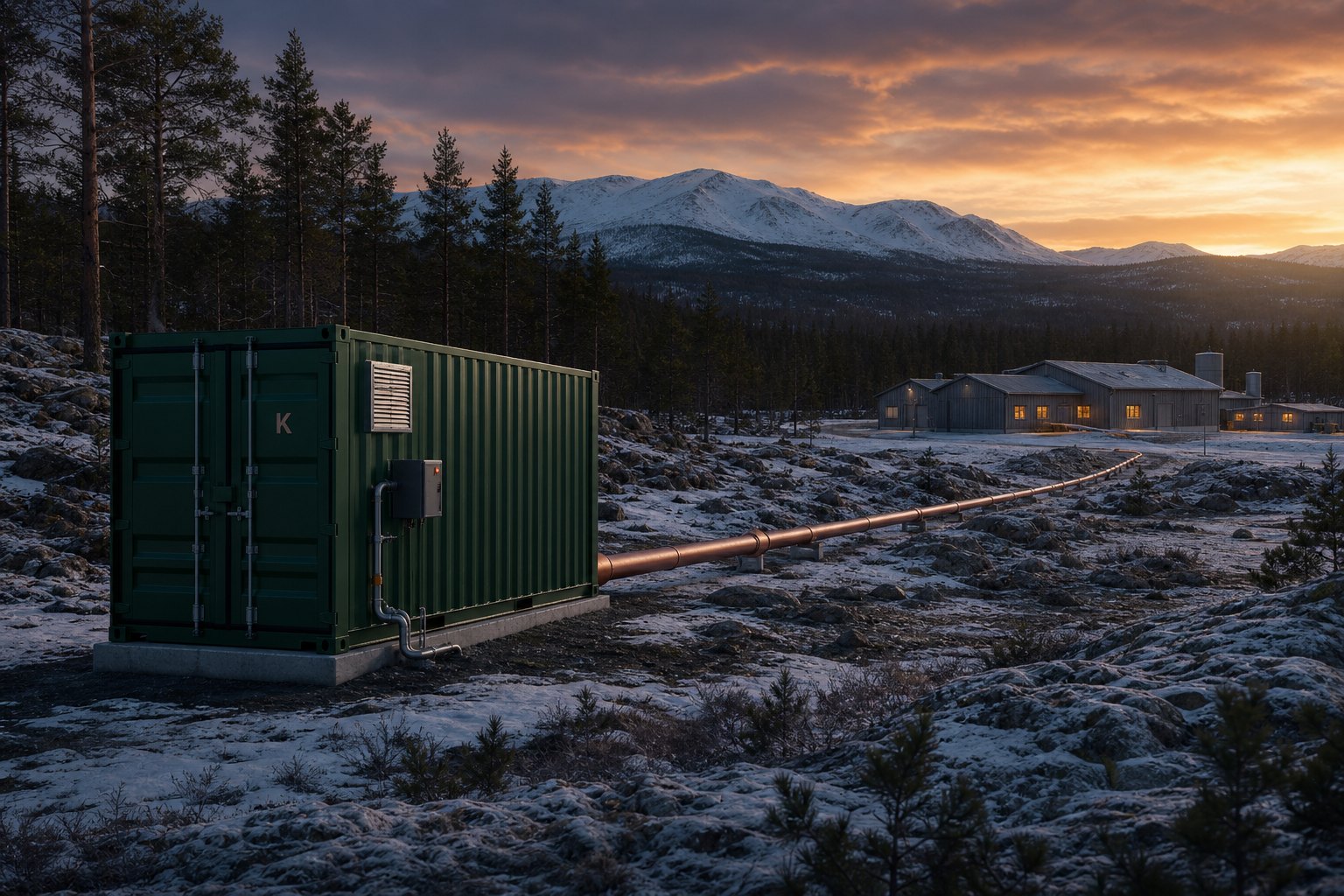 Visualization of an insulated Heat pipe from a Kelvin Flexbox toward nearby buildings. Siting visualization. Not a live sink. Not a photograph of an operating site.