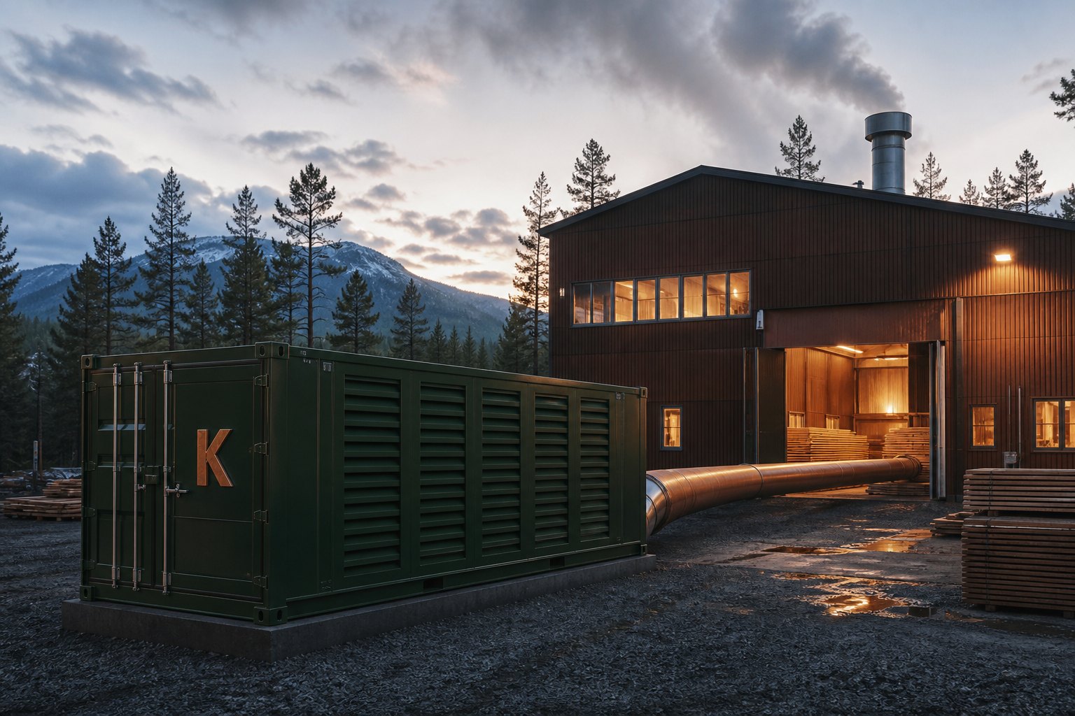 Visualization of a Heat pipe into an unbranded timber mill or drying hall. Site-specific — not a named mill. Not a photograph of an operating site.