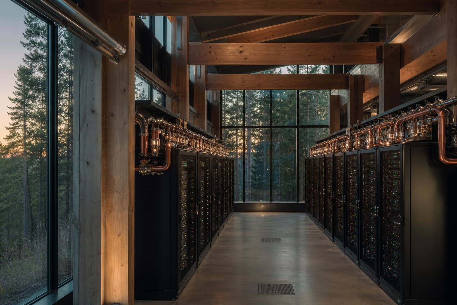 Visualization of a timber-framed hall interior: two aisles of liquid-cooled racks under wood beams. Siting visualization. Not a photograph of an operating site.