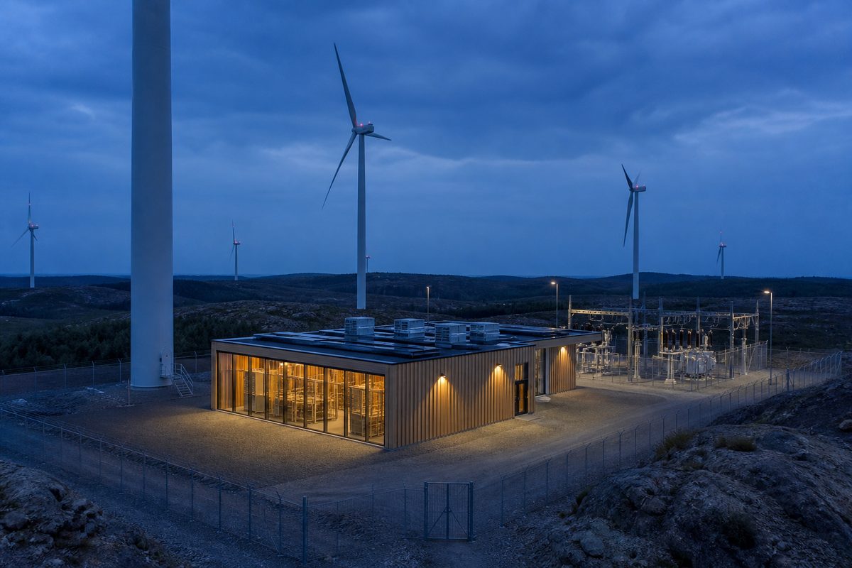 Visualization of a Compute hall on a fenced pad inside a wind park, at the foot of a turbine. Module at the source, behind the meter. Siting visualization. Not a photograph of an operating site.